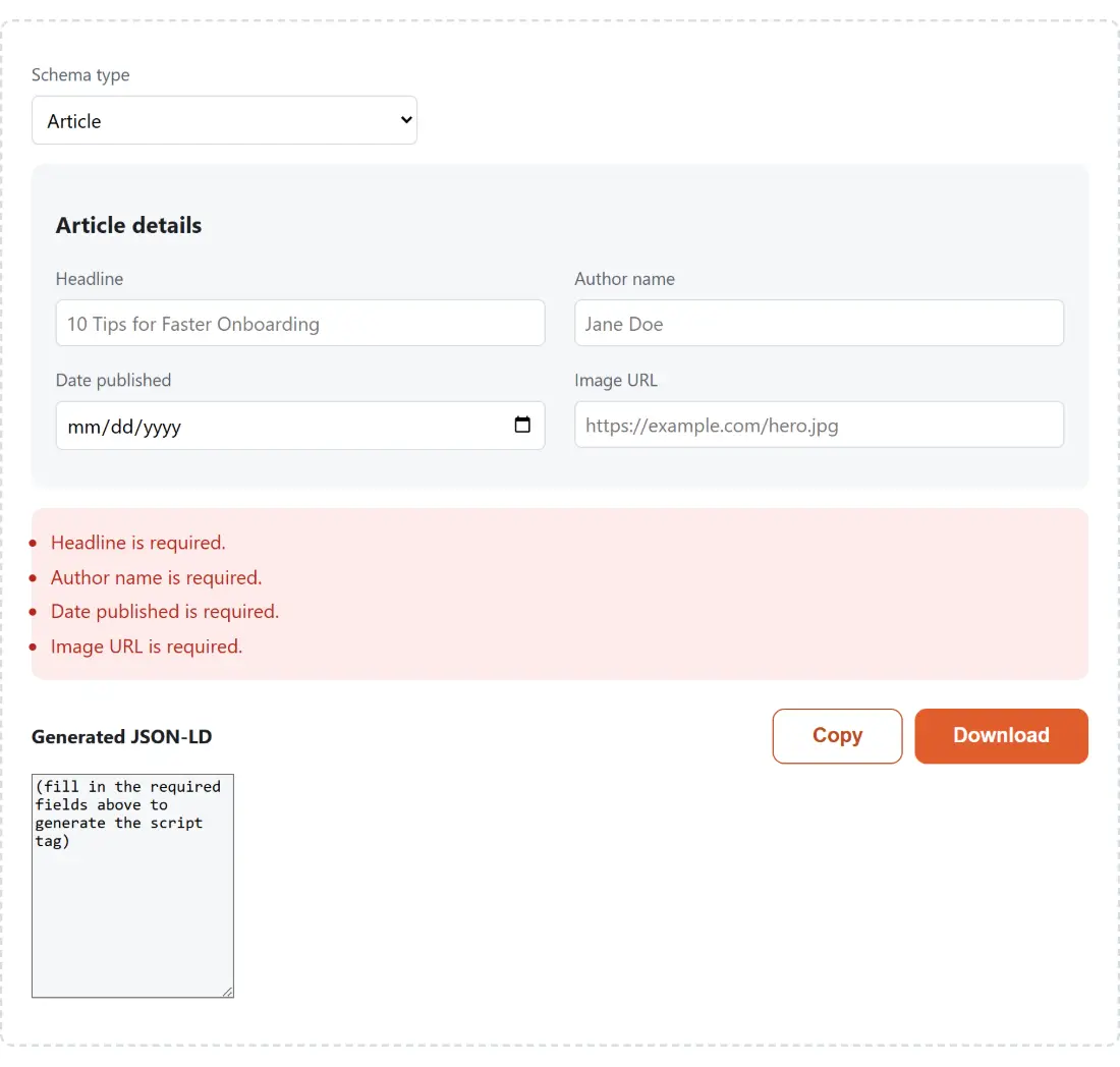 Screenshot of the Schema Markup Generator tool with a schema type chosen from Article, FAQ Page, How-To, Local Business, Product, Breadcrumb or Organization, which swaps in the fields that type needs and builds the JSON-LD from them