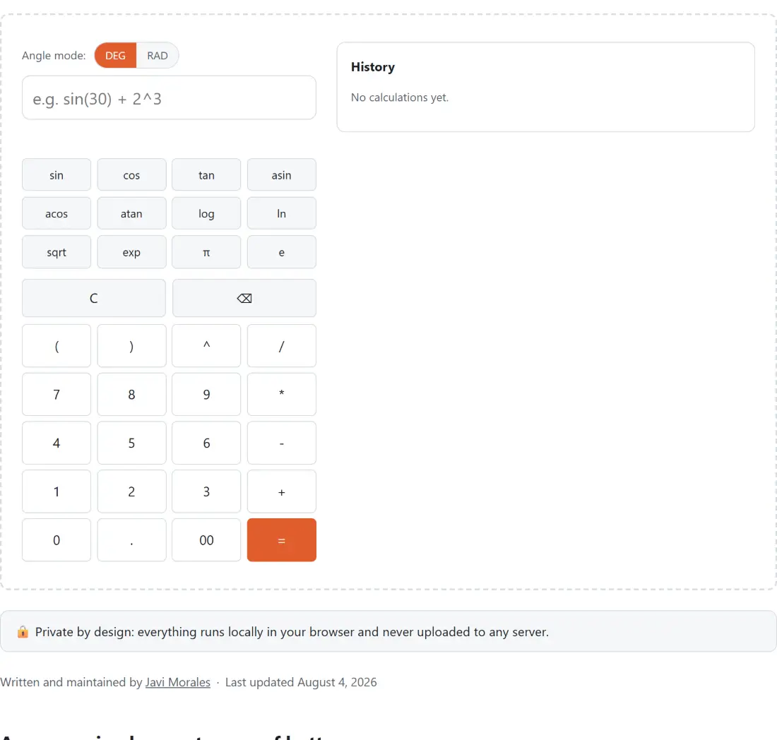 Screenshot of the Scientific Calculator tool with a full scientific keypad with a degrees/radians switch, the trigonometric and inverse-trigonometric functions, log, ln, sqrt, exp and the constants pi and e, and a history panel listing previous calculations