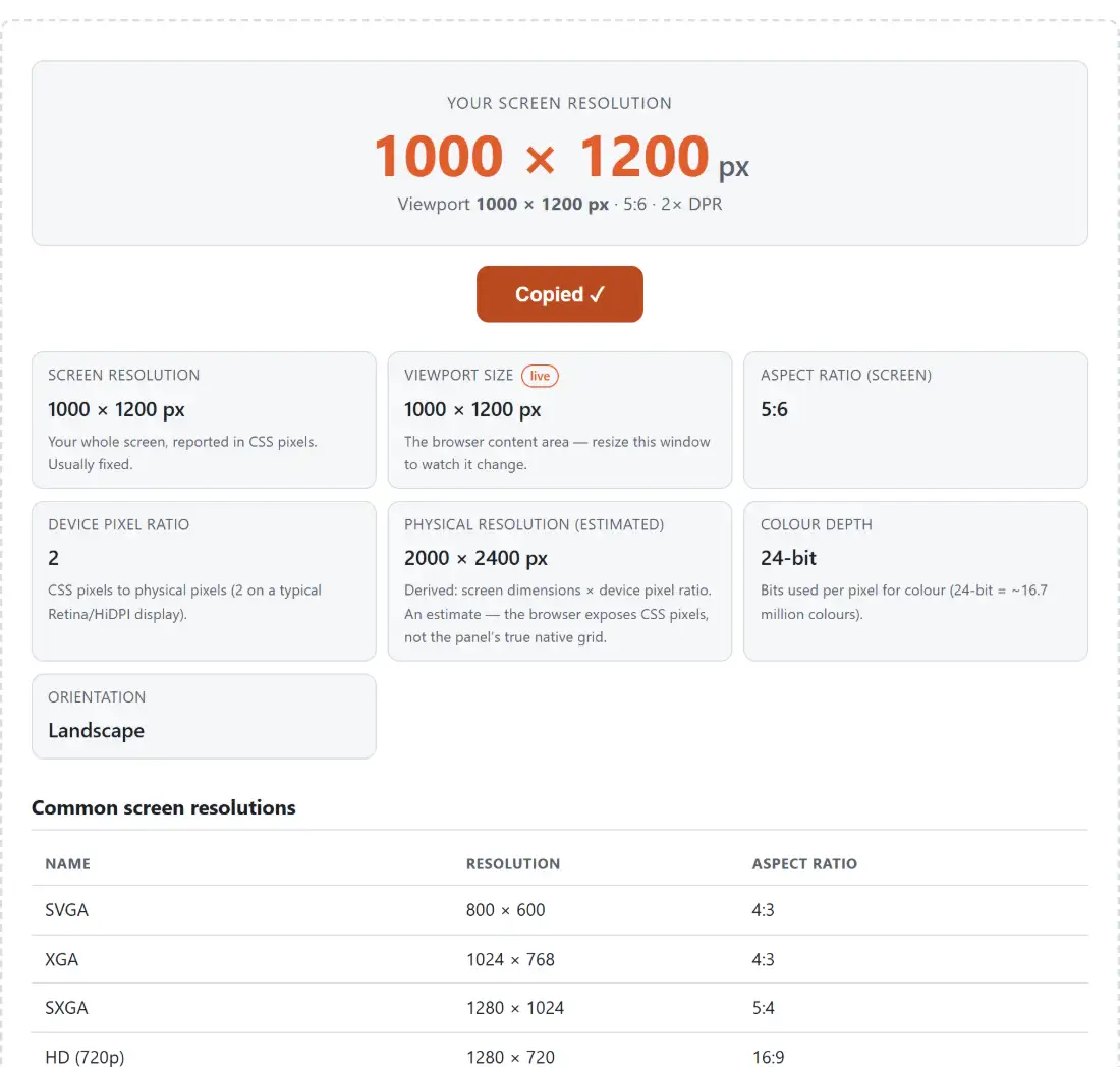 Screenshot of the What Is My Screen Resolution result screen showing the same measurements copied to the clipboard as a plain-text report in one click, with the button confirming it