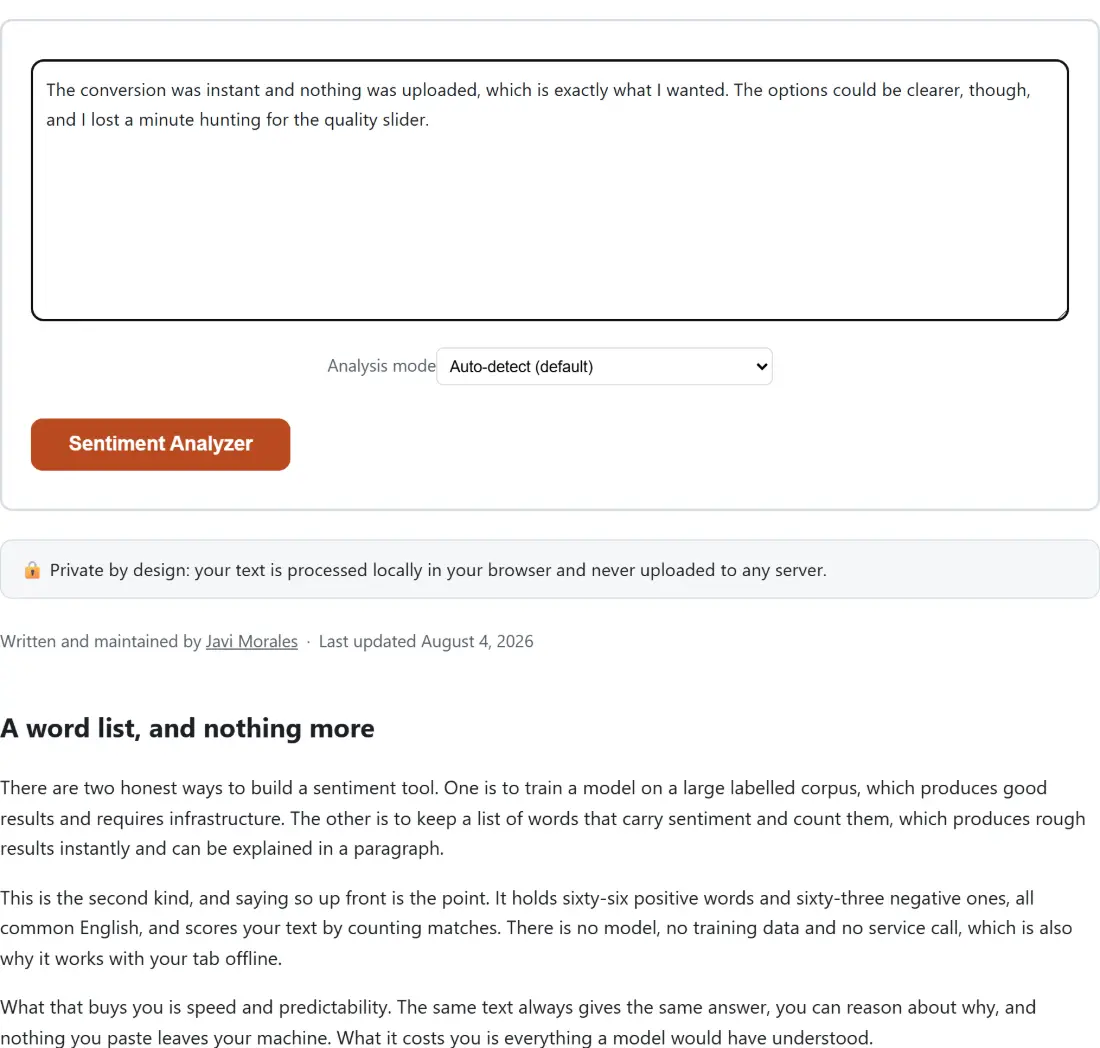 Screenshot of the Sentiment Analyzer tool with the sample input “The conversion was instant and nothing was uploa…”, Analysis mode set to Auto-detect (default)