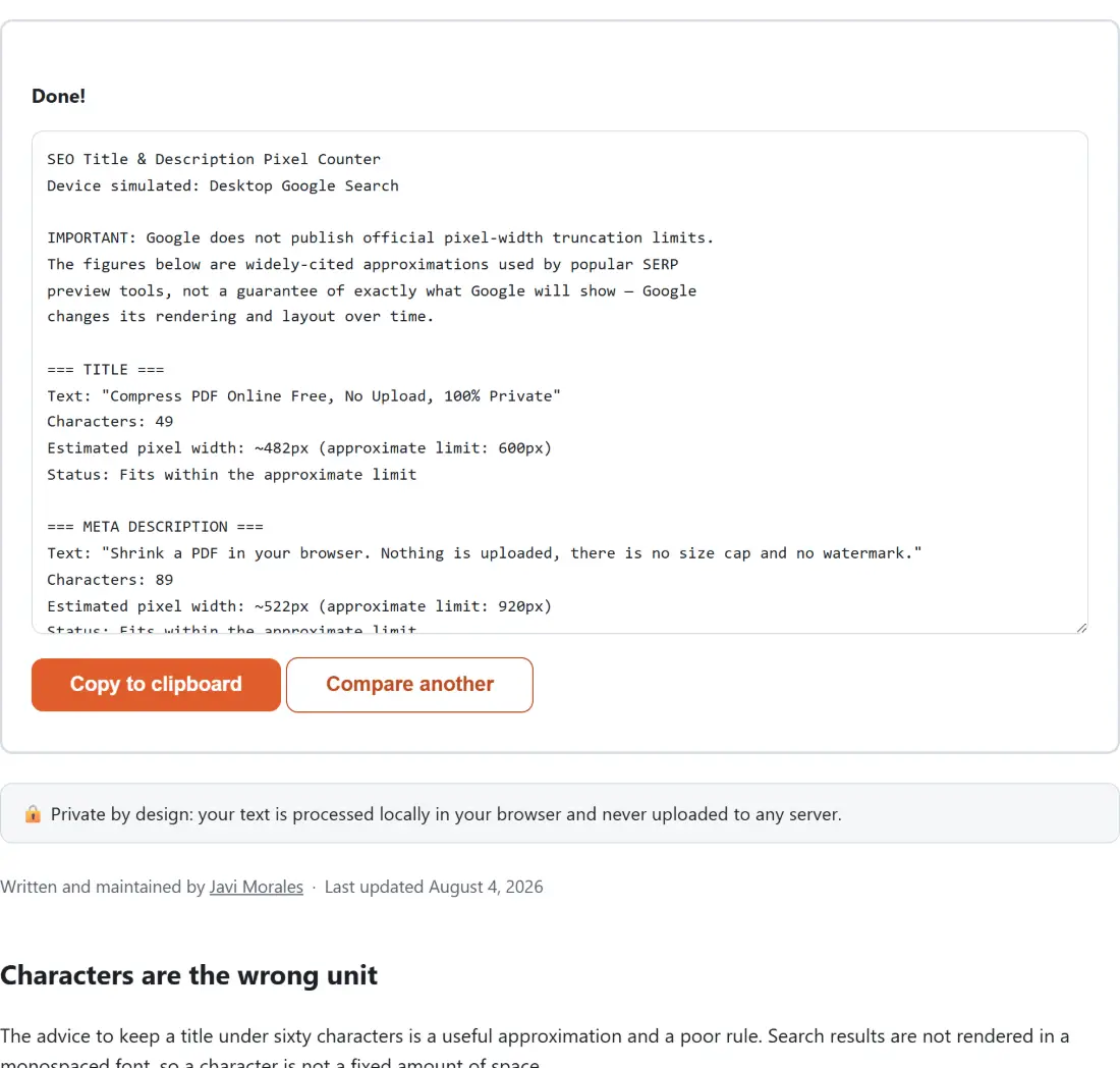Screenshot of the SEO Title & Description Pixel Counter result screen showing the generated output “SEO Title & Description Pixel Counter Device sim…”