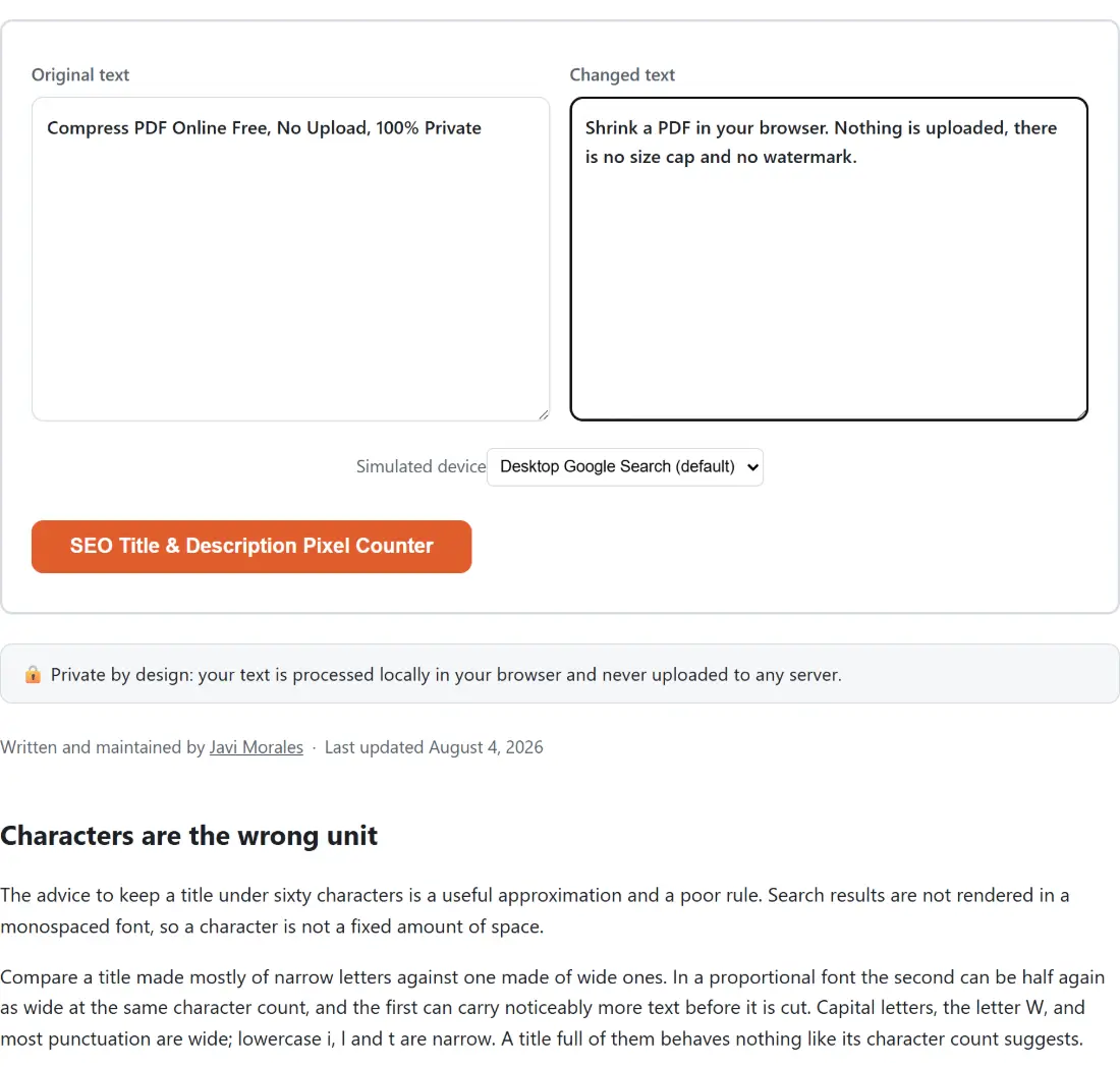 Screenshot of the SEO Title & Description Pixel Counter tool with the sample input “Compress PDF Online Free, No Upload, 100% Privat…”, Simulated device set to Desktop Google Search (default)