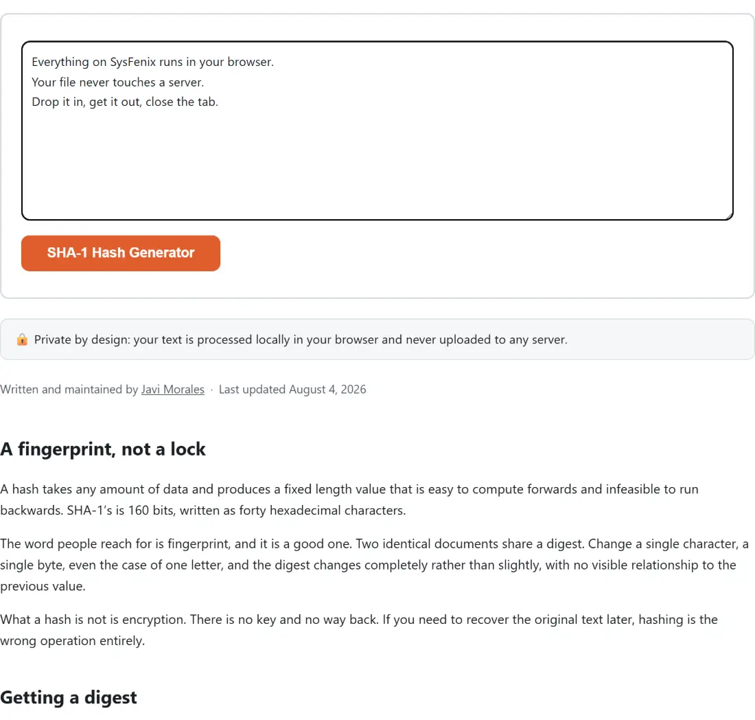 Screenshot of the SHA-1 Hash Generator tool with the sample input “Everything on SysFenix runs in your browser. You…”