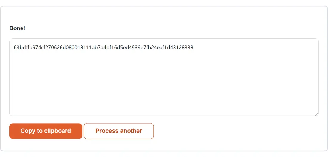 Screenshot of the SHA-256 Hash Generator result screen showing the generated output “63bdffb974cf270626d080018111ab7a4bf16d5ed4939e7f…”