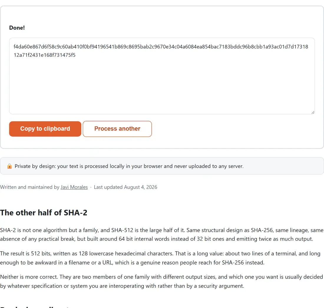 Screenshot of the SHA-512 Hash Generator result screen showing the generated output “f4da60e867d6f58c9c60ab410f0bf94196541b869c8695ba…”