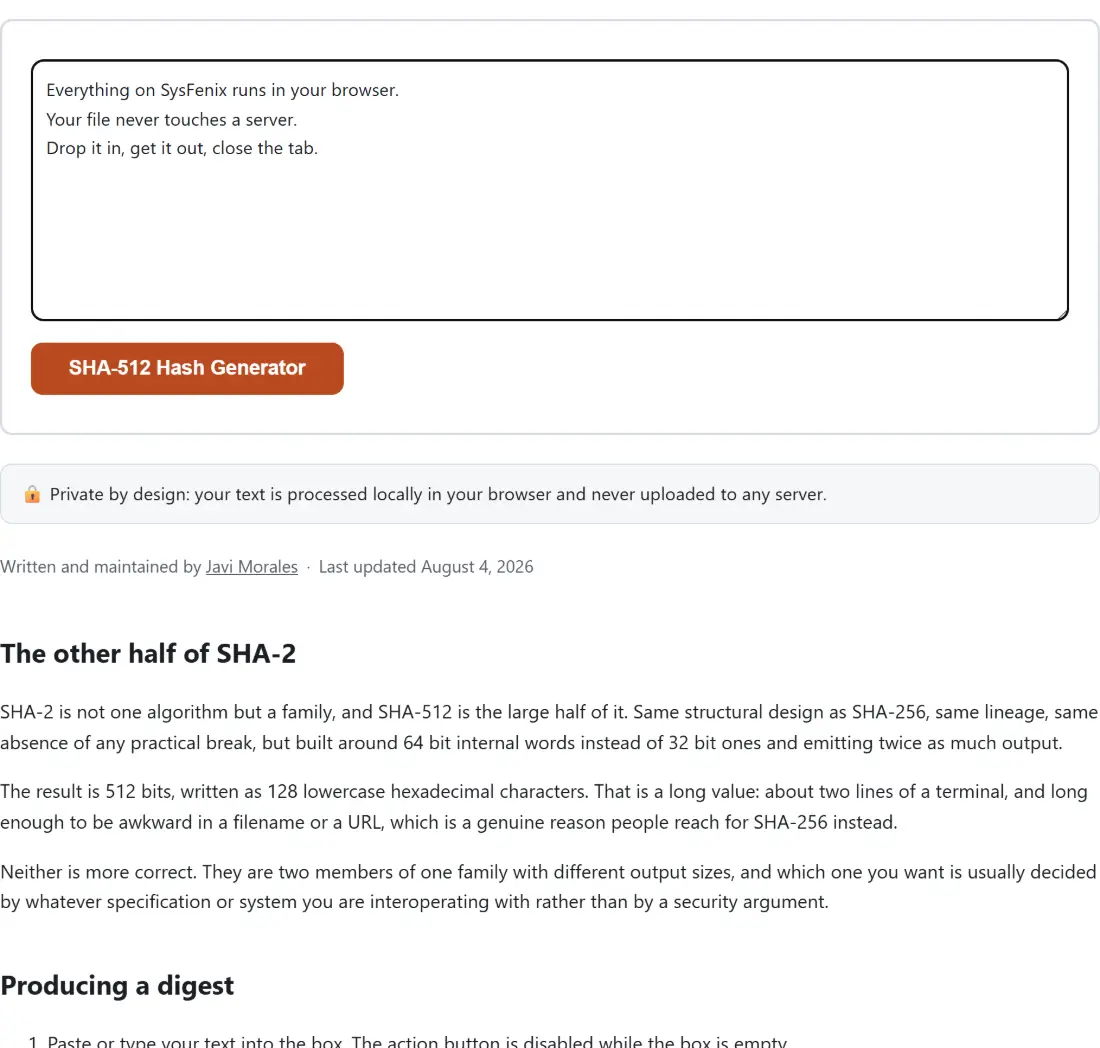 Screenshot of the SHA-512 Hash Generator tool with the sample input “Everything on SysFenix runs in your browser. You…”