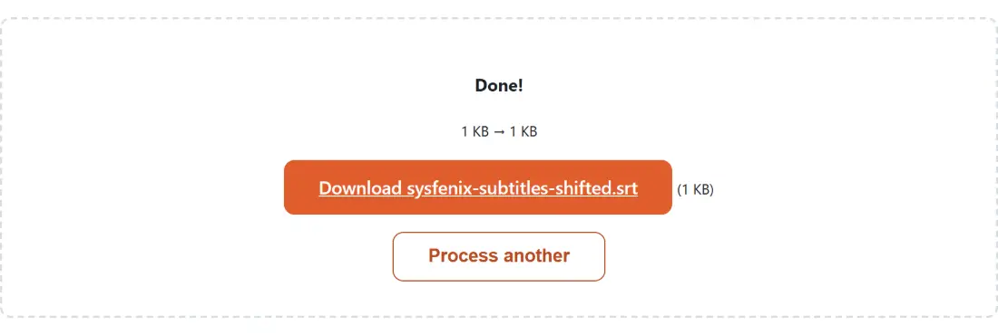 Screenshot of the Shift Subtitle Timing (Fix Out-of-Sync Subtitles) result screen showing sysfenix-subtitles-shifted.srt ready to download (216 B)