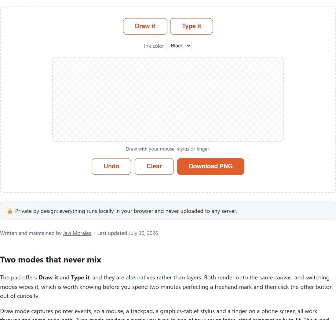 Screenshot of the Signature Generator tool with a signature made either by drawing with a mouse, stylus or finger or by typing it, in black or blue ink, with undo, clear and a PNG download