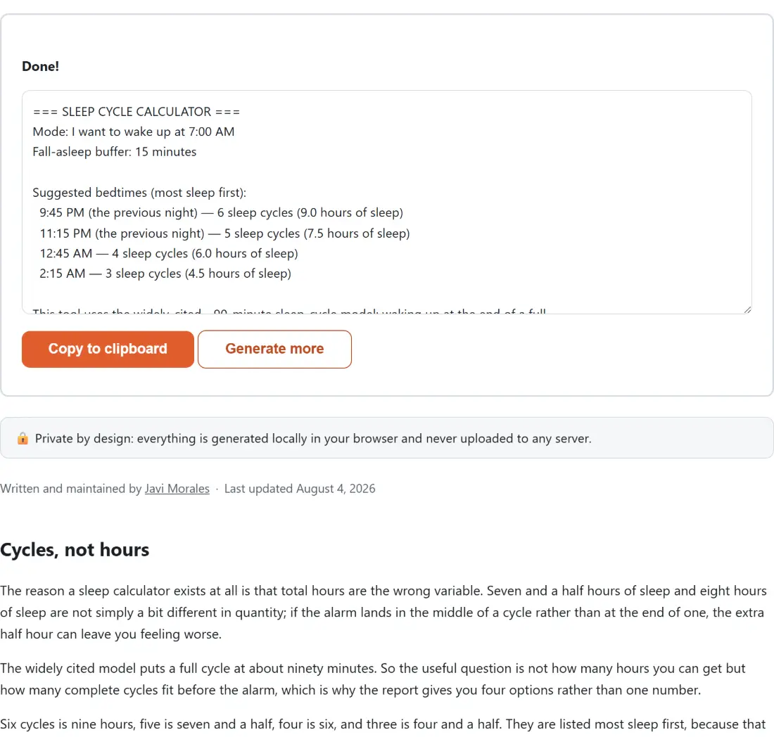 Screenshot of the Sleep Calculator result screen showing the generated output “=== SLEEP CYCLE CALCULATOR === Mode: I want to w…”