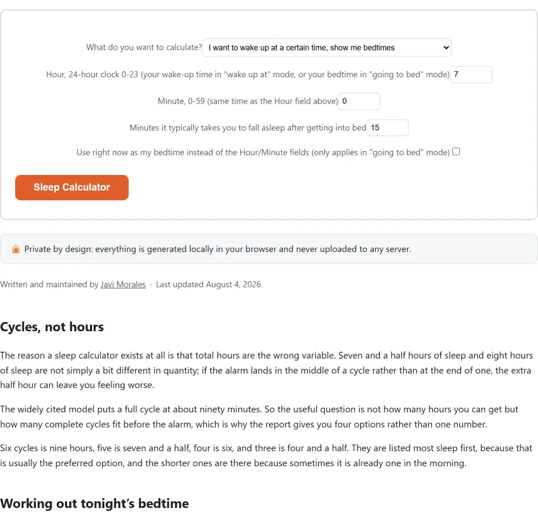 Screenshot of the Sleep Calculator tool with What do you want to calculate? set to I want to wake up at a certain time, show me bedtimes, Hour, 24-hour clock 0-23 (your wake-up time in "wake up at" mode, or your bedtime in "going to bed" mode) set to 7