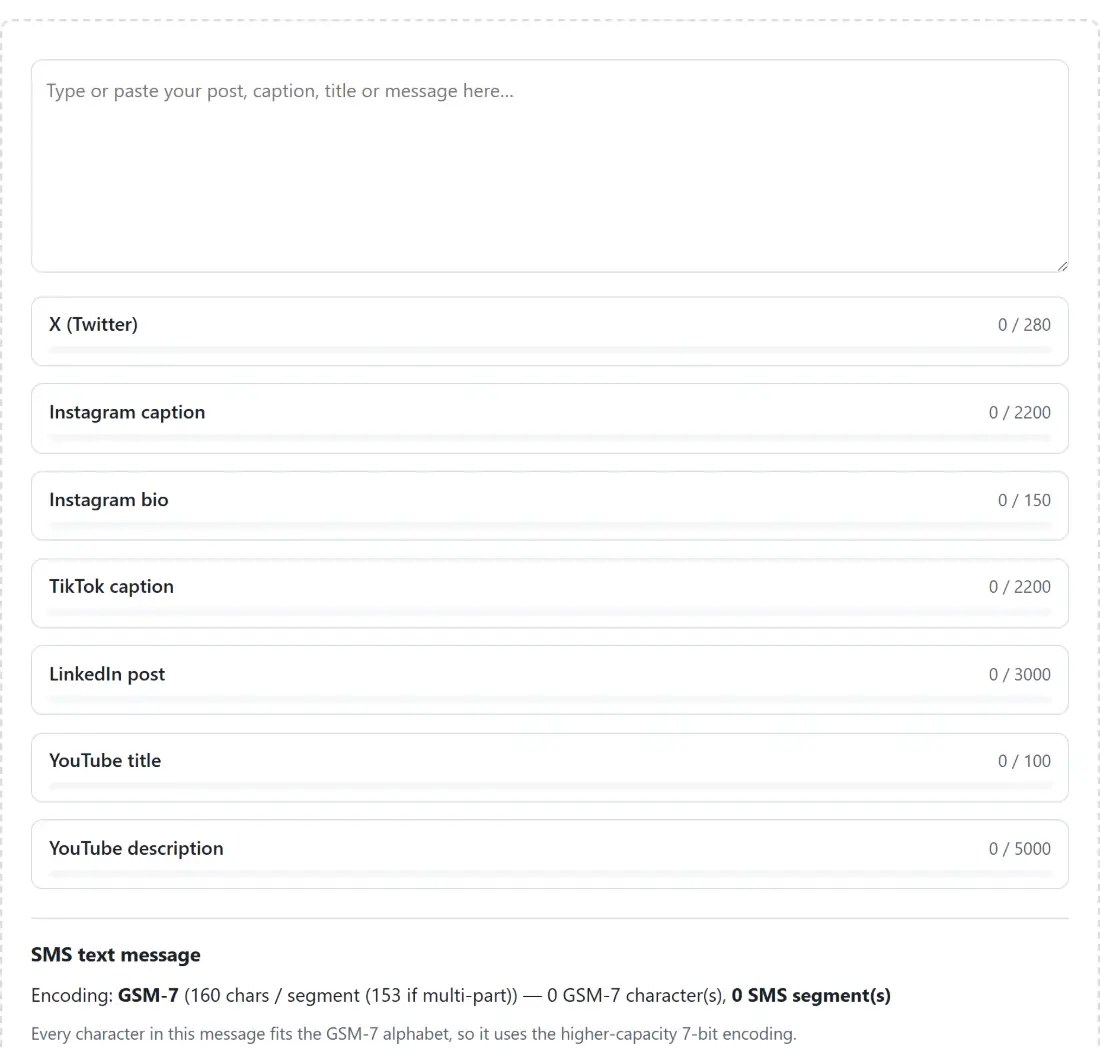 Screenshot of the Social Media Character Counter tool with one text box counted against every platform limit at once - X at 280, Instagram caption at 2200 and bio at 150, TikTok at 2200, LinkedIn at 3000, YouTube title at 100 and description at 5000 - plus an SMS row showing the GSM-7 encoding
