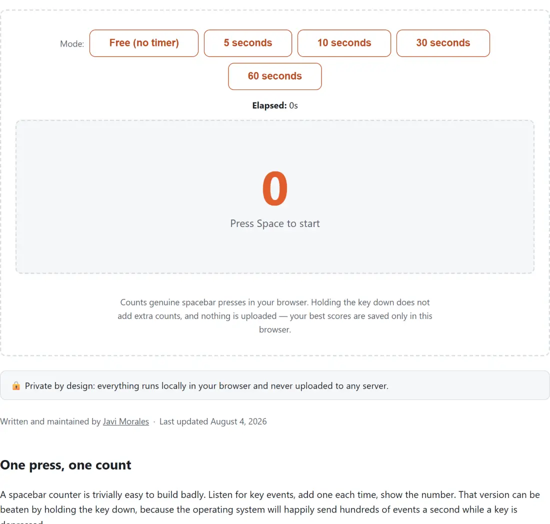 Screenshot of the Spacebar Counter tool with a spacebar counter with a free mode or timed rounds of 5, 10, 30 and 60 seconds, counting genuine key presses and started by pressing Space itself