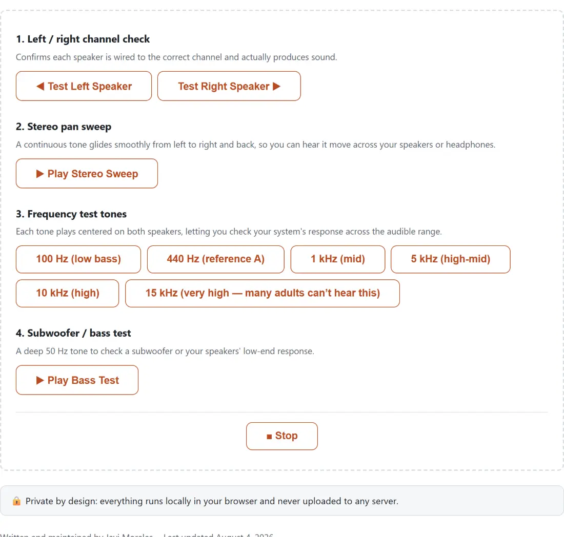 Screenshot of the Speaker Test tool with a numbered sequence of speaker checks starting with the left/right channel test, which confirms each speaker is wired to the correct channel and actually produces sound