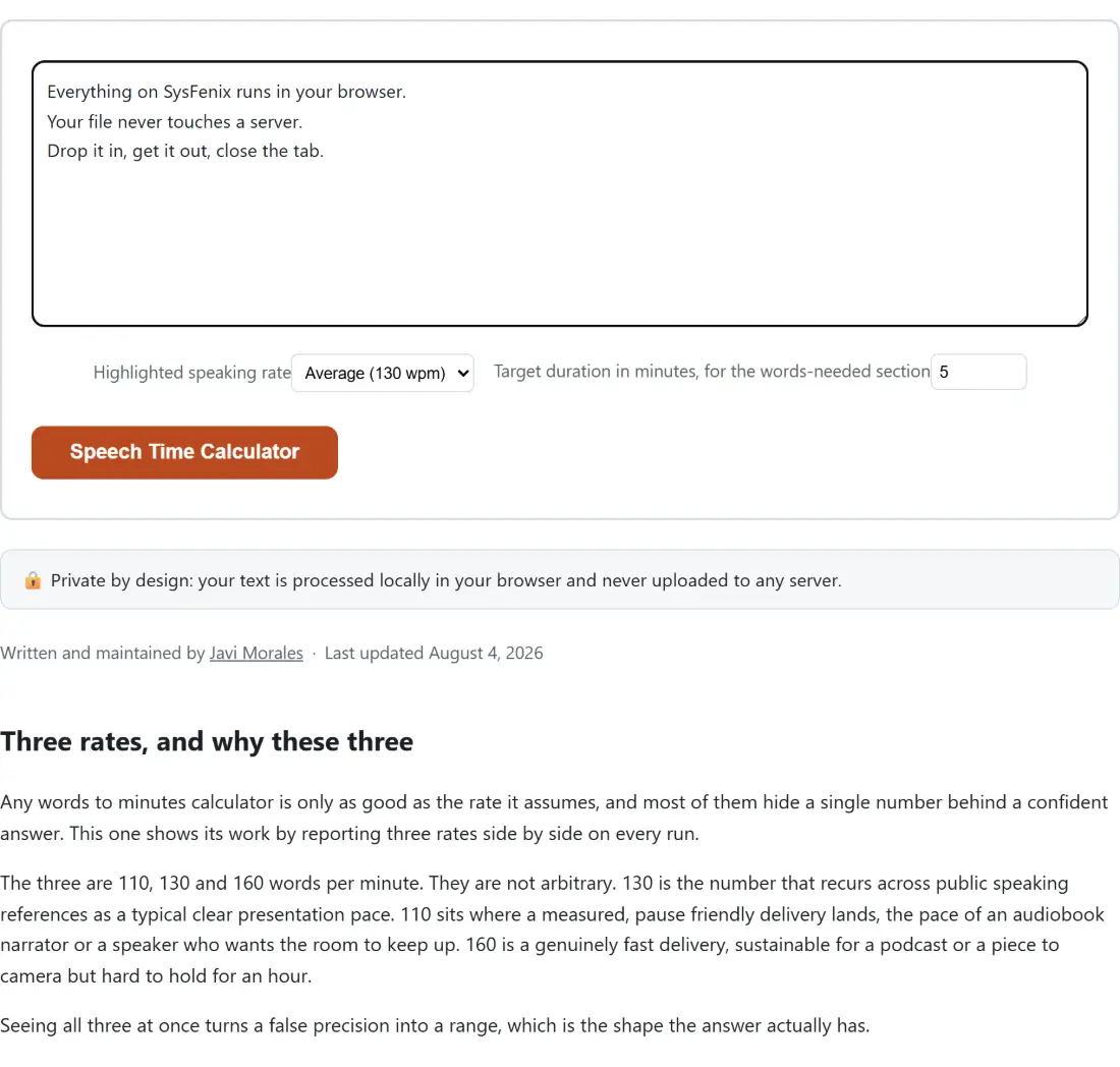 Screenshot of the Speech Time Calculator tool with the sample input “Everything on SysFenix runs in your browser. You…”, Highlighted speaking rate set to Average (130 wpm), Target duration in minutes, for the words-needed section set to 5