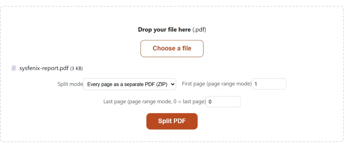Screenshot of the Split PDF tool with sysfenix-report.pdf (3 KB) loaded, Split mode set to Every page as a separate PDF (ZIP), First page (page range mode) set to 1