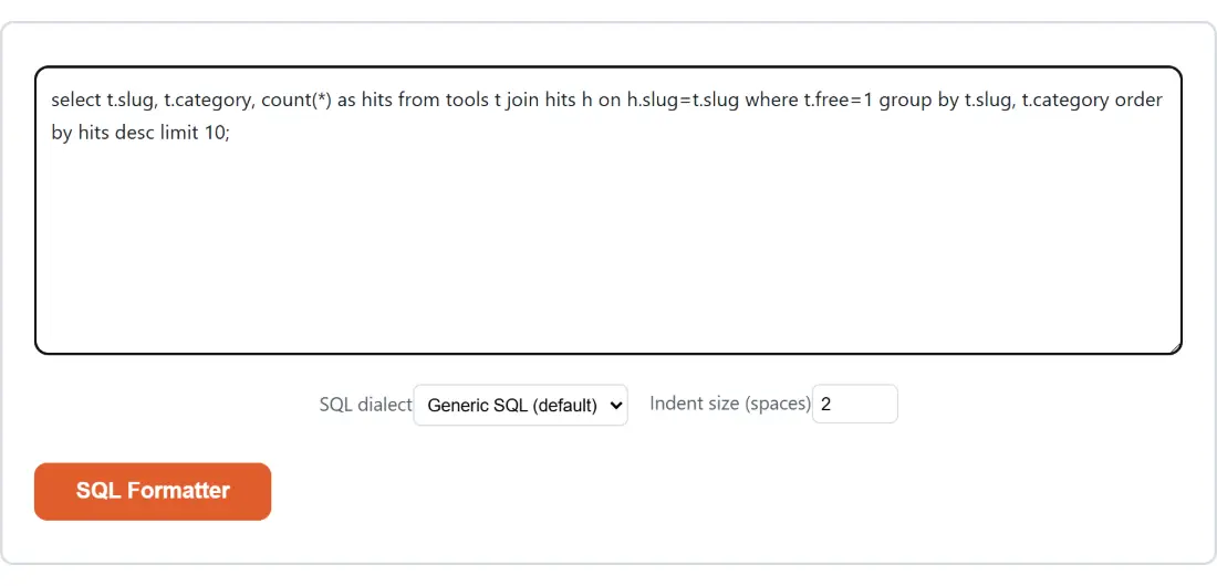 Screenshot of the SQL Formatter tool with the sample input “select t.slug, t.category, count(*) as hits from…”, SQL dialect set to Generic SQL (default), Indent size (spaces) set to 2