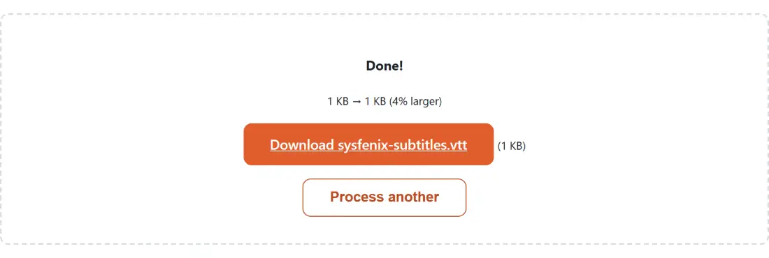 Screenshot of the Convert SRT to VTT result screen showing sysfenix-subtitles.vtt ready to download (224 B, 4% larger)
