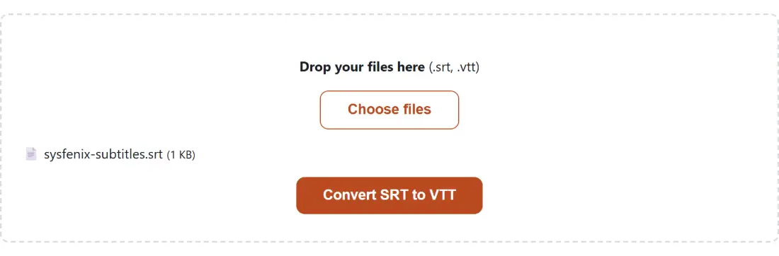 Screenshot of the Convert SRT to VTT tool with sysfenix-subtitles.srt (216 B) loaded
