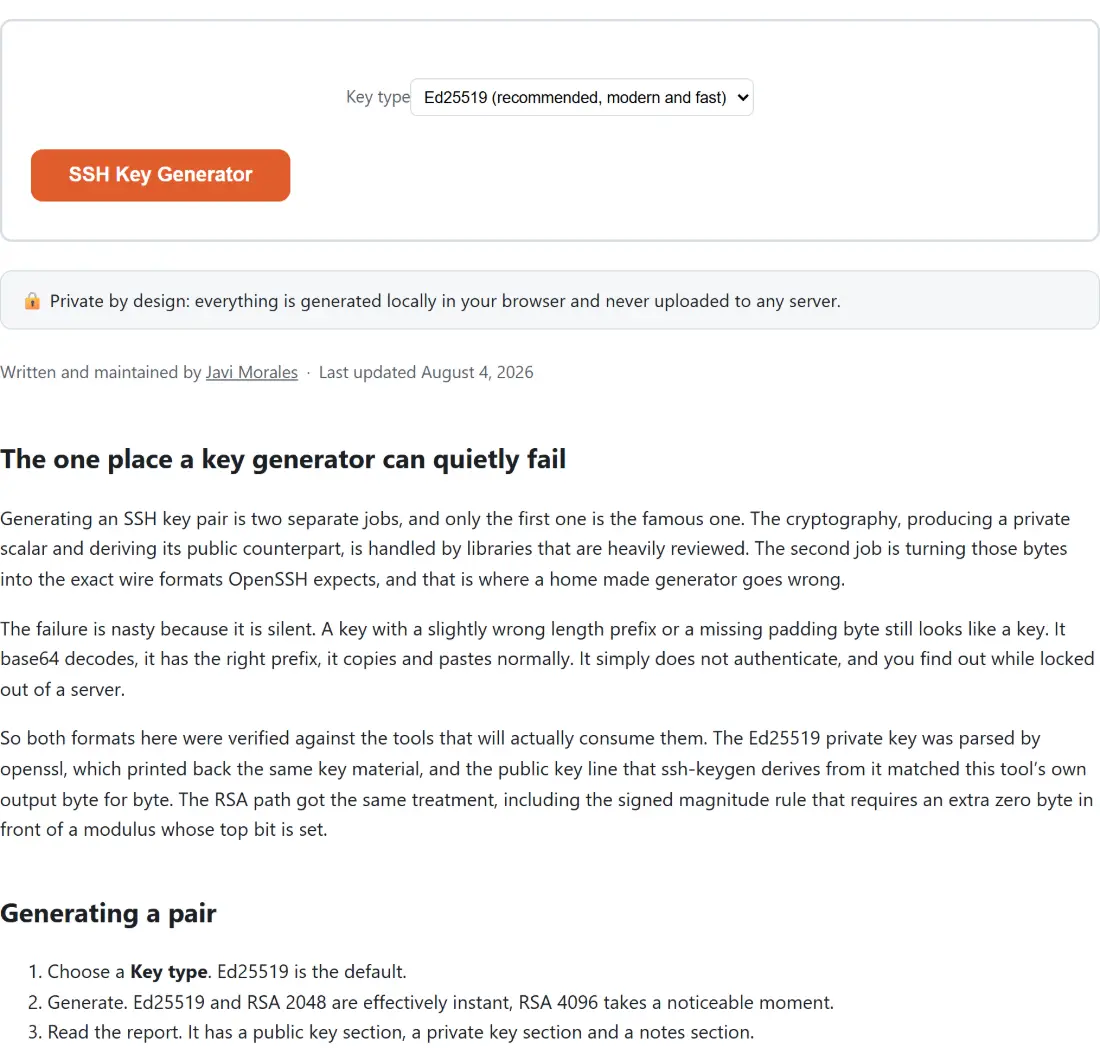 Screenshot of the SSH Key Generator tool with Key type set to Ed25519 (recommended, modern and fast)