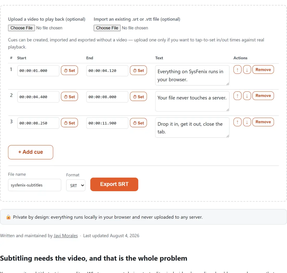 Screenshot of the Subtitle Editor (Create & Edit SRT/VTT Against Video) result screen showing the imported subtitles opened as an editable cue list, each line with its own start time, end time and text