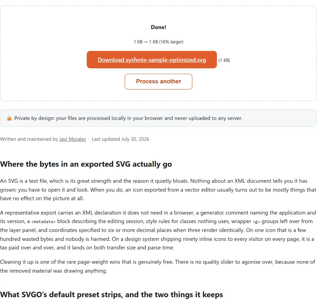 Screenshot of the SVG Optimizer result screen showing sysfenix-sample-optimized.svg ready to download (411 B, 16% larger)