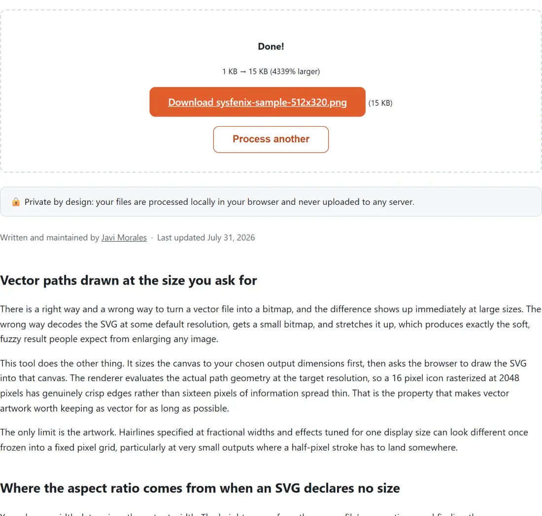 Screenshot of the Convert SVG to PNG result screen showing sysfenix-sample-512x320.png ready to download (15 KB, 4339% larger)