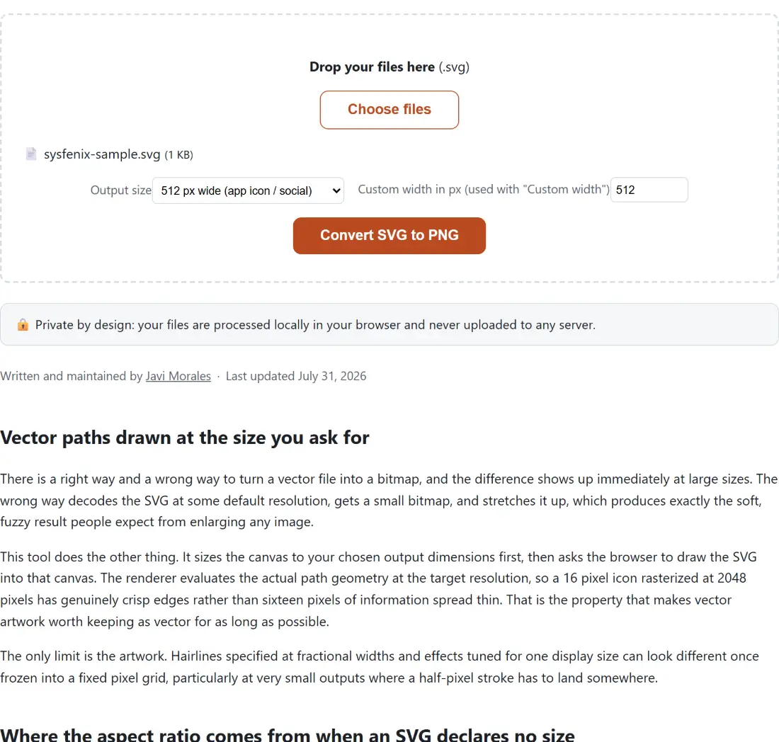 Screenshot of the Convert SVG to PNG tool with sysfenix-sample.svg (353 B) loaded, Output size set to 512 px wide (app icon / social), Custom width in px (used with "Custom width") set to 512