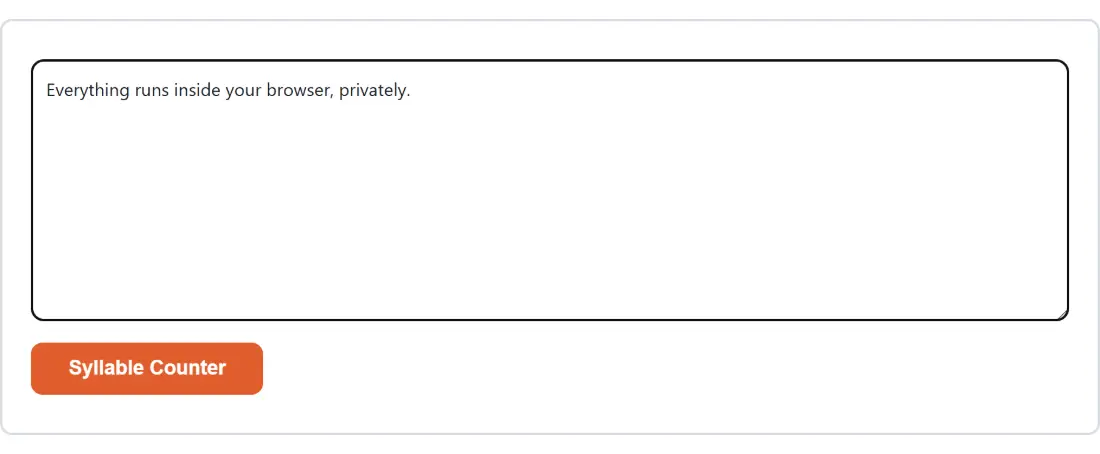 Screenshot of the Syllable Counter tool with the sample input “Everything runs inside your browser, privately.”