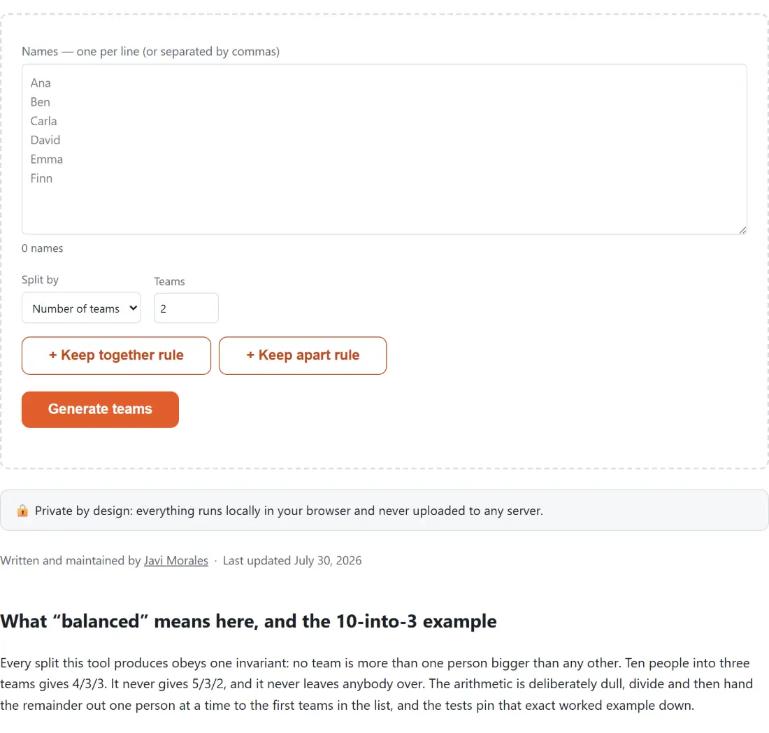 Screenshot of the Random Team Generator tool with names entered one per line, split either into a fixed number of teams or by people per team, with keep-together rules so named people are placed on the same side