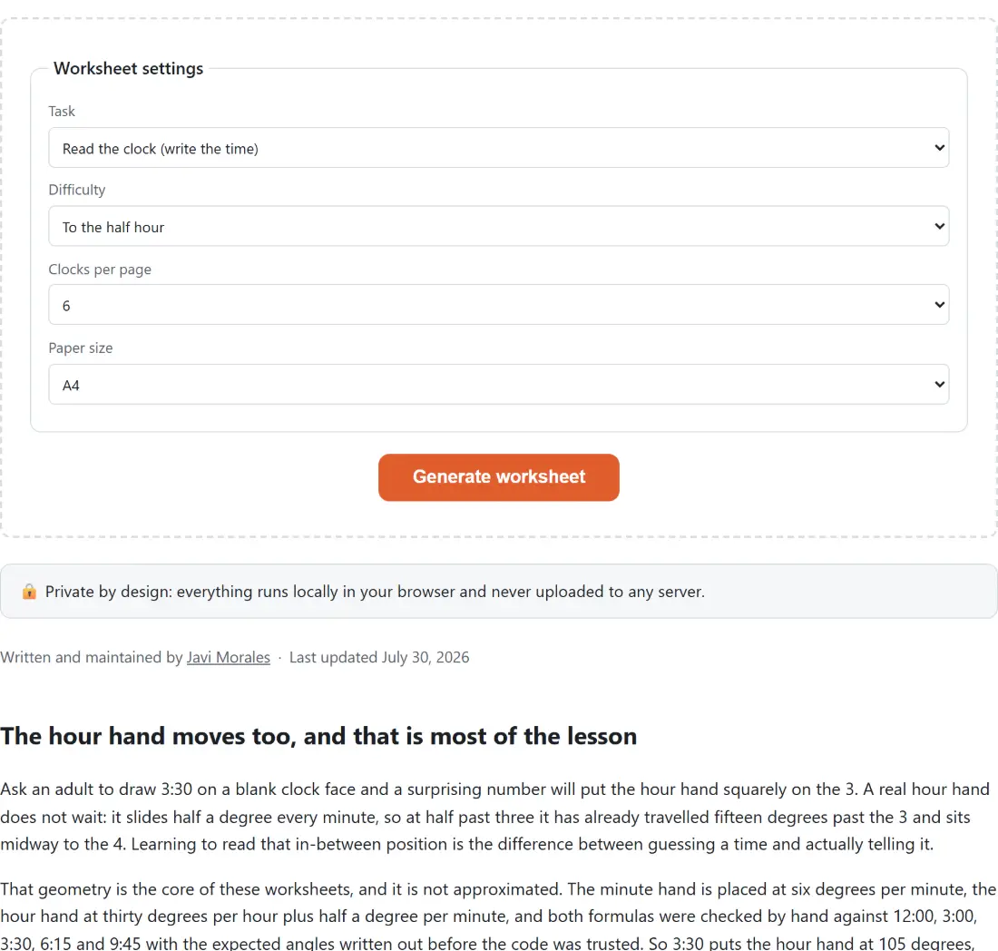 Screenshot of the Telling Time Worksheets tool with a clock-reading worksheet builder with two tasks - read the clock and write the time, or draw the hands for a given time - and difficulty from o'clock through half and quarter hours