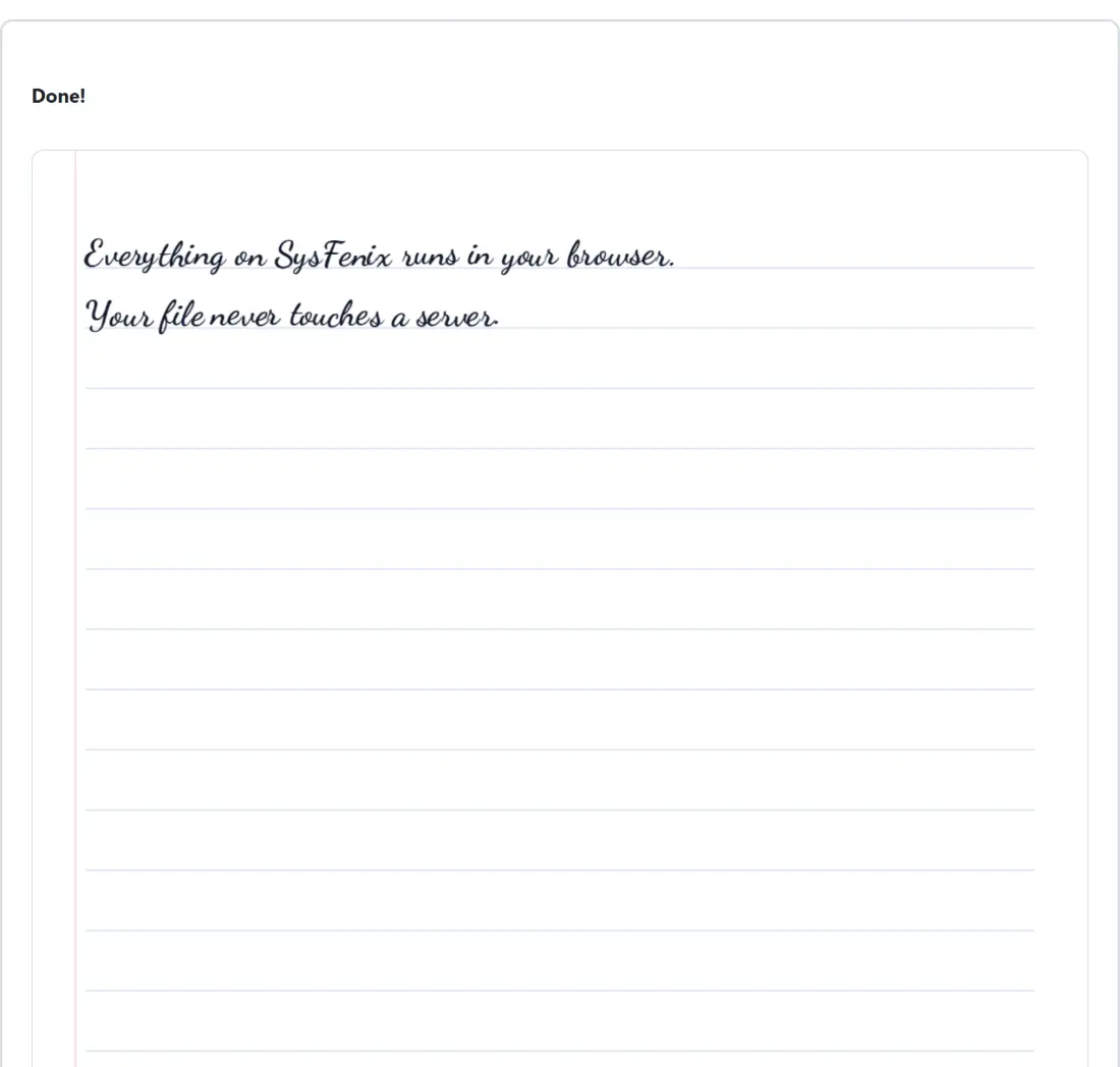 Screenshot of the Text to Handwriting Converter result screen showing handwritten-note.png ready to download (85 KB)