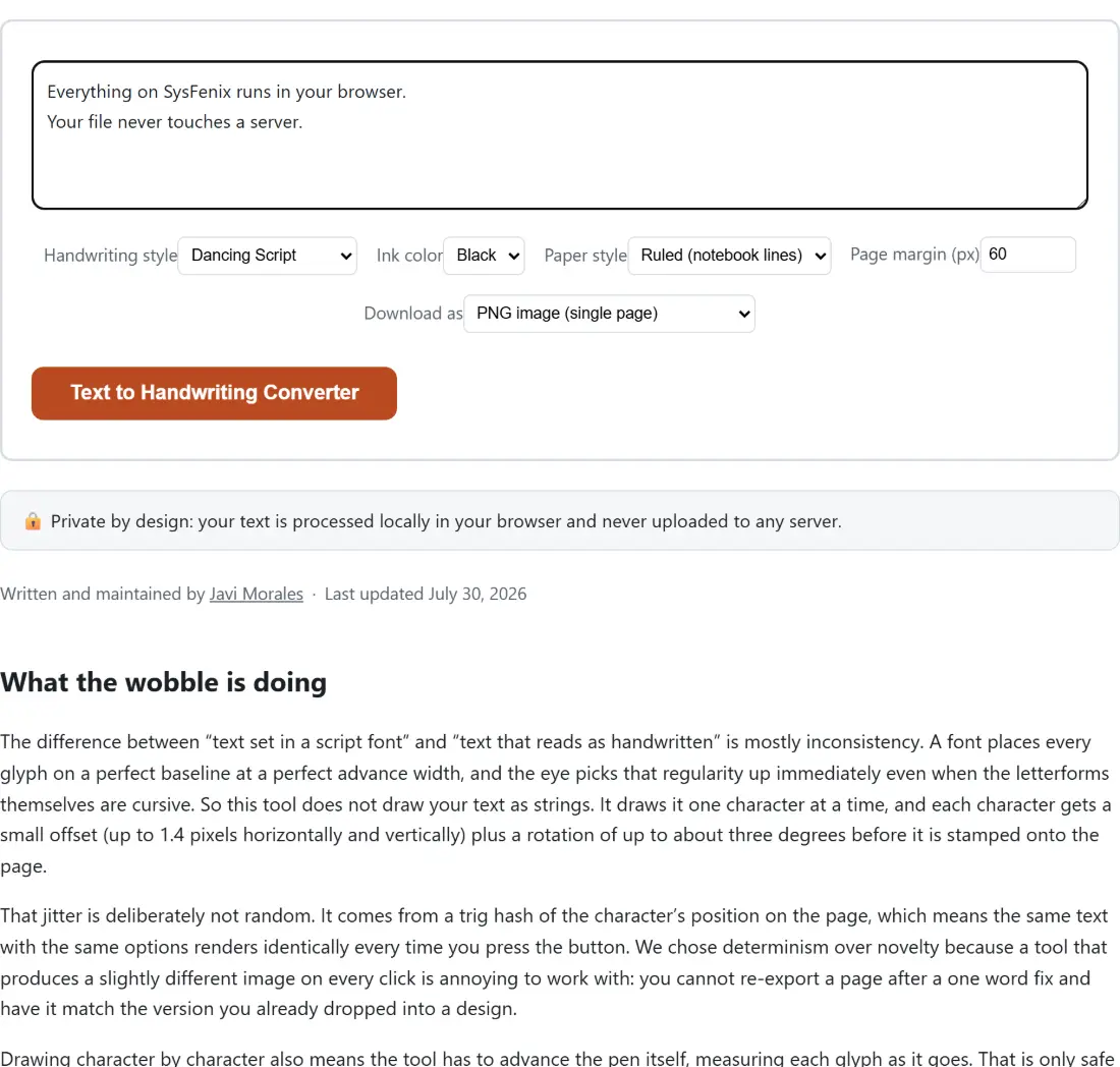 Screenshot of the Text to Handwriting Converter tool with the sample input “Everything on SysFenix runs in your browser. You…”, Handwriting style set to Dancing Script, Ink color set to Black