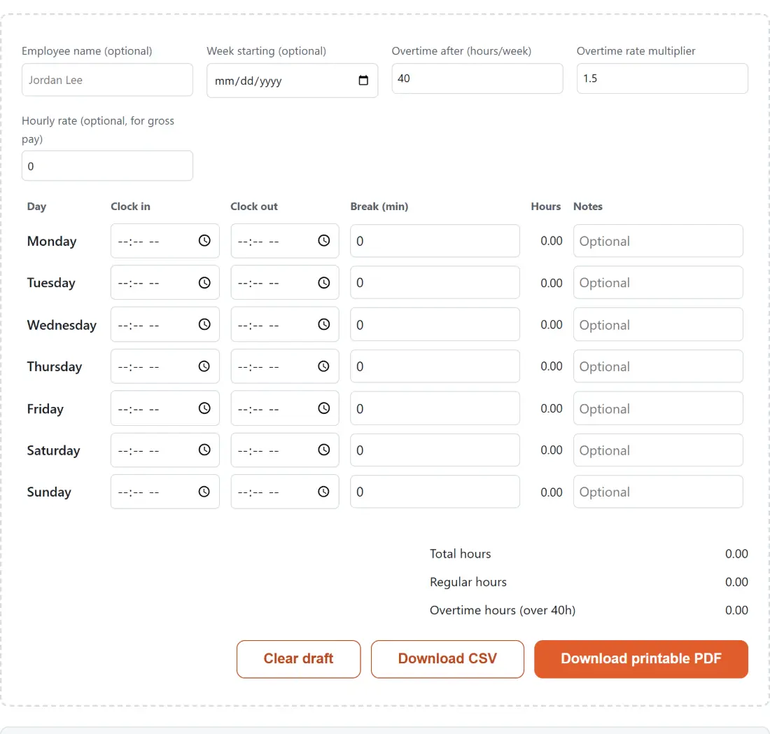 Screenshot of the Timesheet Calculator tool with a weekly timesheet with a row per day for clock in, clock out, break minutes and notes, totalling hours against an overtime threshold and multiplier, with an optional hourly rate for gross pay