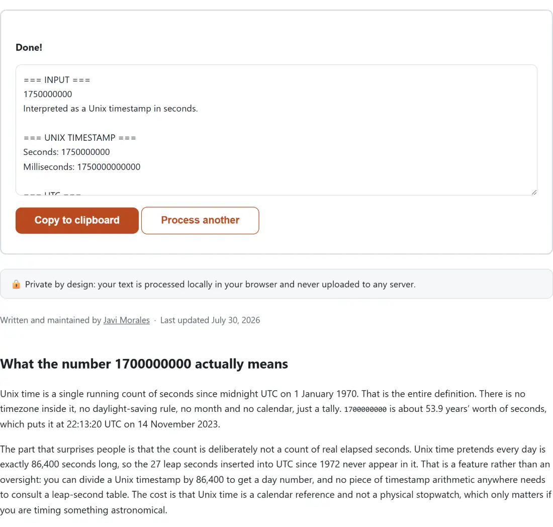 Screenshot of the Unix Timestamp Converter result screen showing the generated output “=== INPUT === 1750000000 Interpreted as a Unix t…”