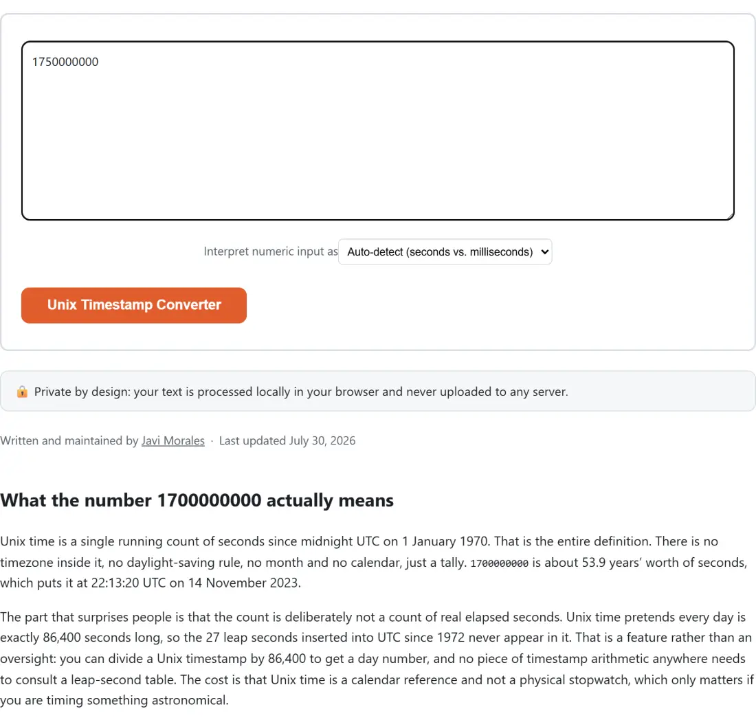 Screenshot of the Unix Timestamp Converter tool with the sample input “1750000000”, Interpret numeric input as set to Auto-detect (seconds vs. milliseconds)