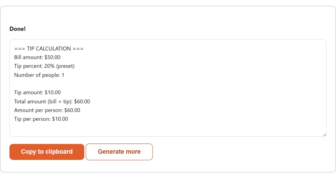 Screenshot of the Tip Calculator result screen showing the generated output “=== TIP CALCULATION === Bill amount: $50.00 Tip …”