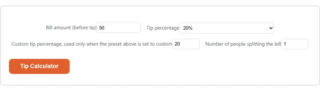 Screenshot of the Tip Calculator tool with Bill amount (before tip) set to 50, Tip percentage set to 20%