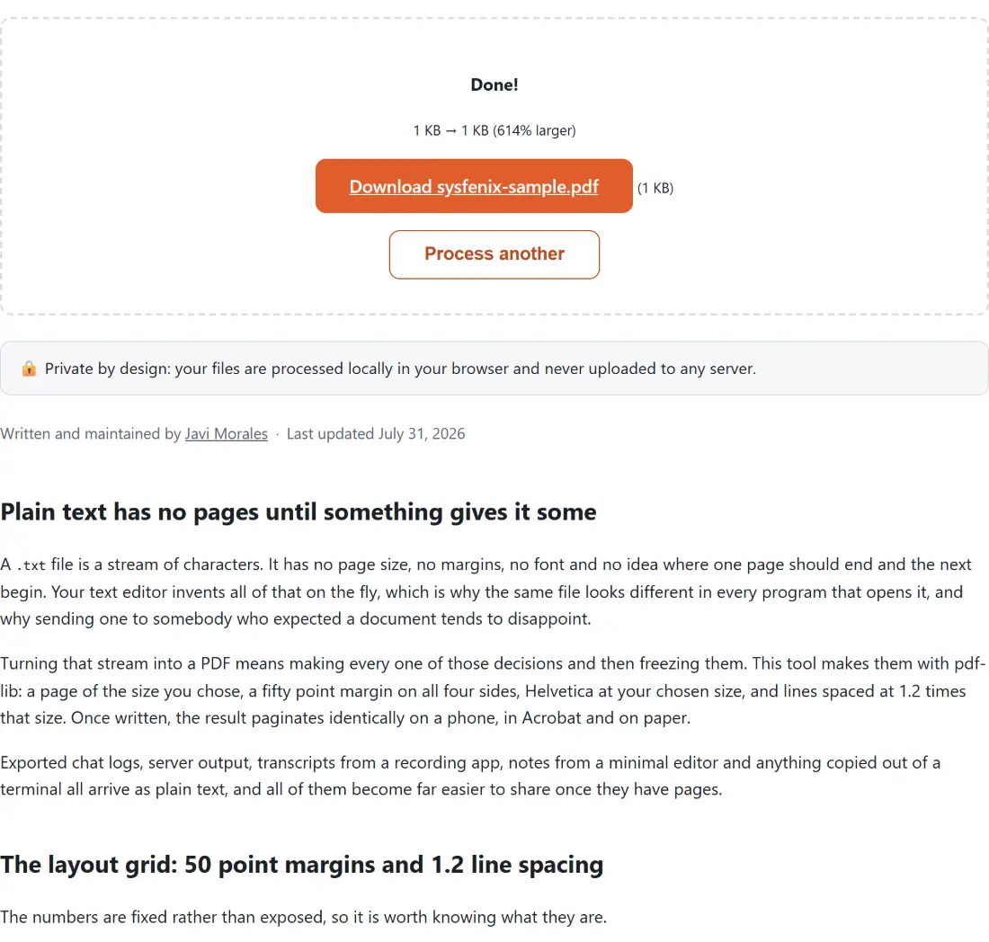 Screenshot of the Convert TXT to PDF result screen showing sysfenix-sample.pdf ready to download (1 KB, 614% larger)