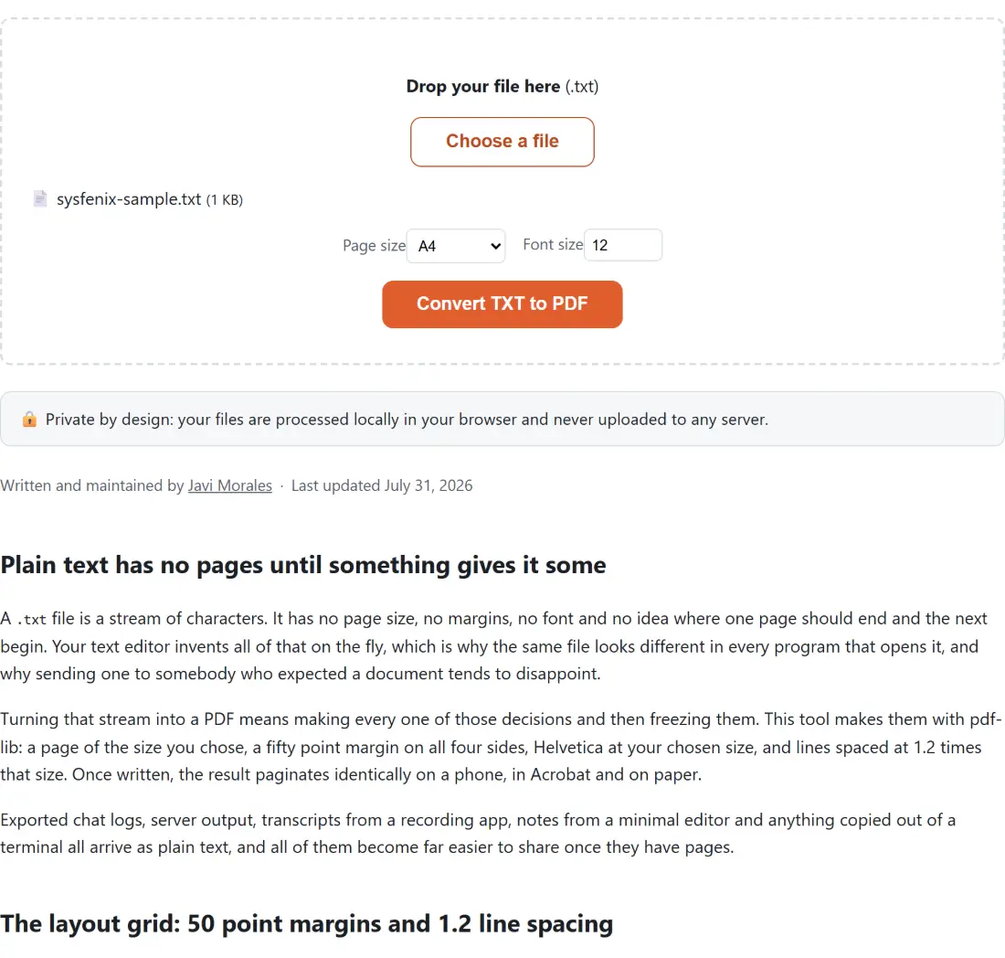 Screenshot of the Convert TXT to PDF tool with sysfenix-sample.txt (146 B) loaded, Page size set to A4, Font size set to 12