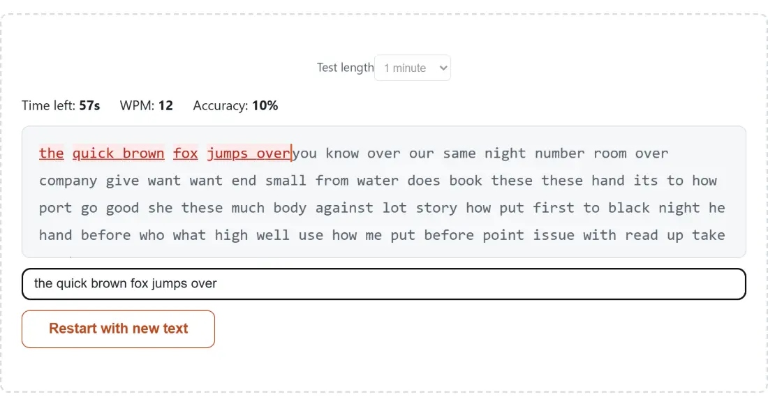 Screenshot of the Typing Speed Test result screen showing the test mid-run after typing "the quick brown fox jumps over", with the countdown ticking and live WPM and accuracy figures updating per keystroke
