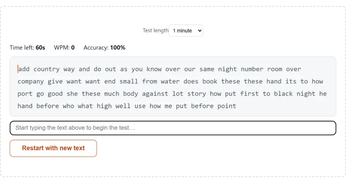 Screenshot of the Typing Speed Test tool with the 60-second test waiting to start, with the passage to type and the live time-left, WPM and accuracy readouts at zero
