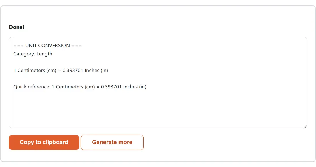 Screenshot of the Unit Converter result screen showing the generated output “=== UNIT CONVERSION === Category: Length 1 Centi…”