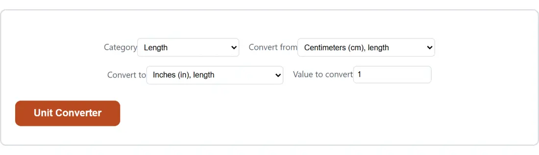 Screenshot of the Unit Converter tool with Category set to Length, Convert from set to Centimeters (cm), length