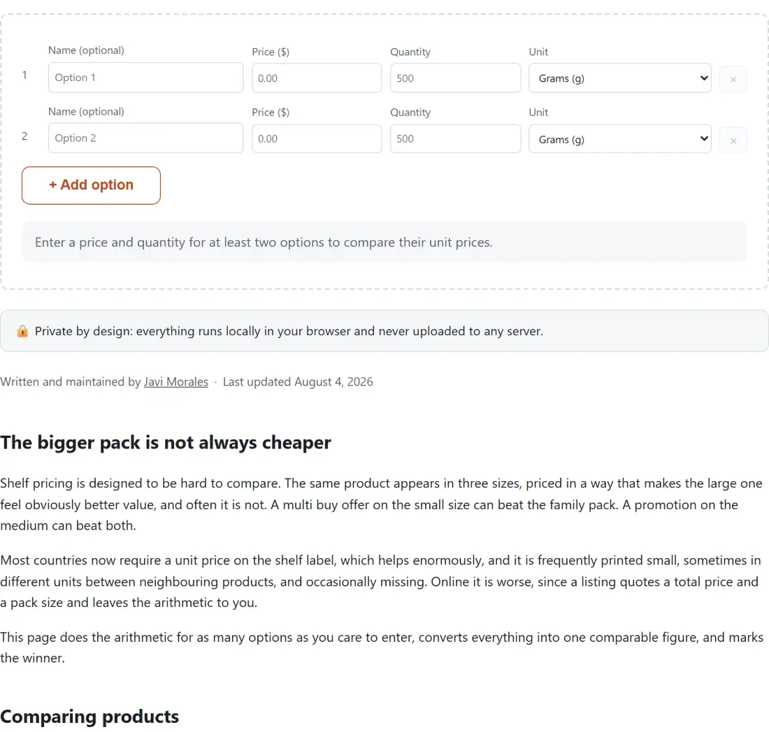 Screenshot of the Unit Price Calculator tool with rows of competing products, each with an optional name, a price and a quantity in grams, kilograms, ounces, pounds, millilitres, litres, US fluid ounces or gallons, compared on price per unit rather than on pack price