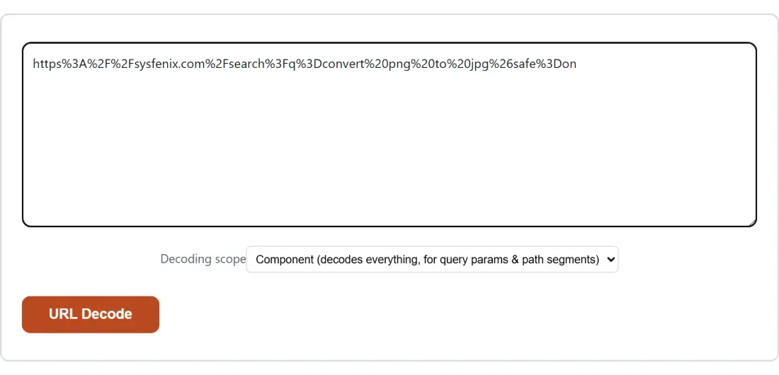 Screenshot of the URL Decode tool with the sample input “https%3A%2F%2Fsysfenix.com%2Fsearch%3Fq%3Dconver…”, Decoding scope set to Component (decodes everything, for query params & path segments)
