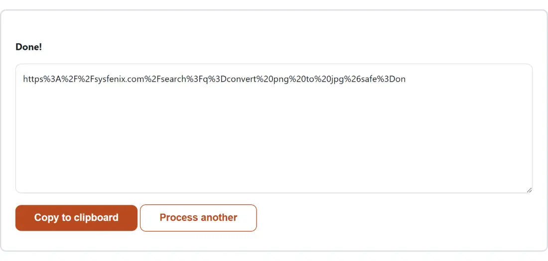Screenshot of the URL Encode result screen showing the generated output “https%3A%2F%2Fsysfenix.com%2Fsearch%3Fq%3Dconver…”