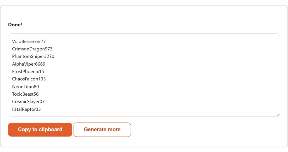 Screenshot of the Username Generator result screen showing the generated output “VoidBerserker77 CrimsonDragon973 PhantomSniper32…”