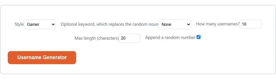 Screenshot of the Username Generator tool with Style set to Gamer, Optional keyword, which replaces the random noun set to None