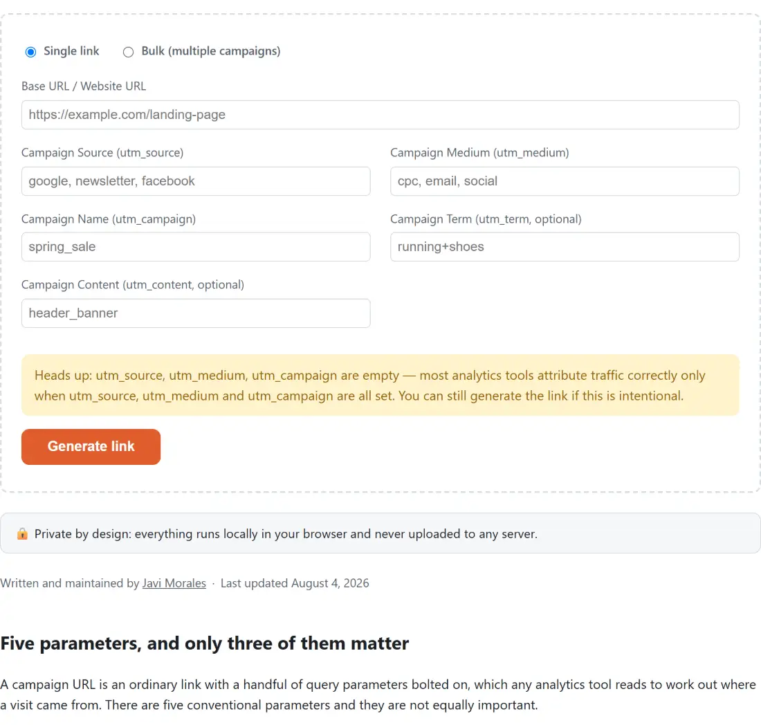 Screenshot of the UTM Link Builder tool with a single-link mode and a bulk mode for multiple campaigns, with the base URL and the standard utm_source, utm_medium, utm_campaign and utm_term parameters assembled into a tagged link