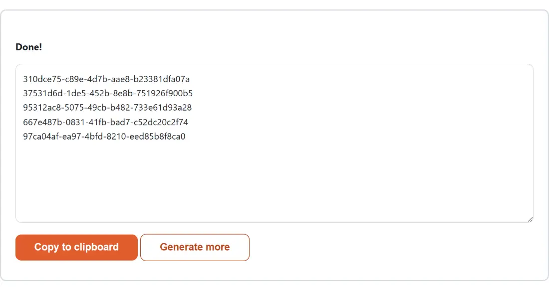 Screenshot of the UUID Generator result screen showing the generated output “310dce75-c89e-4d7b-aae8-b23381dfa07a 37531d6d-1d…”